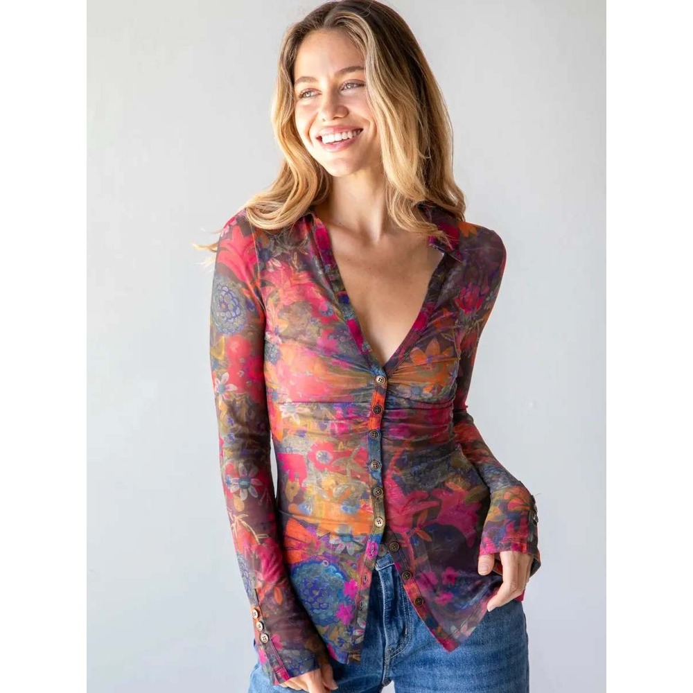 Natural Life Carina Mesh Sheer Floral Button Front Top Size M Hippie Boho
